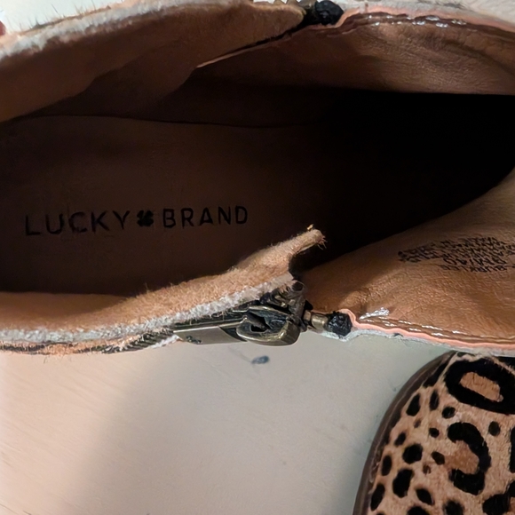 Lucky Brand Ankle Boots Burklee Tan Black Leopard Print Calf Hair Booties Sz 9 - Picture 7 of 10